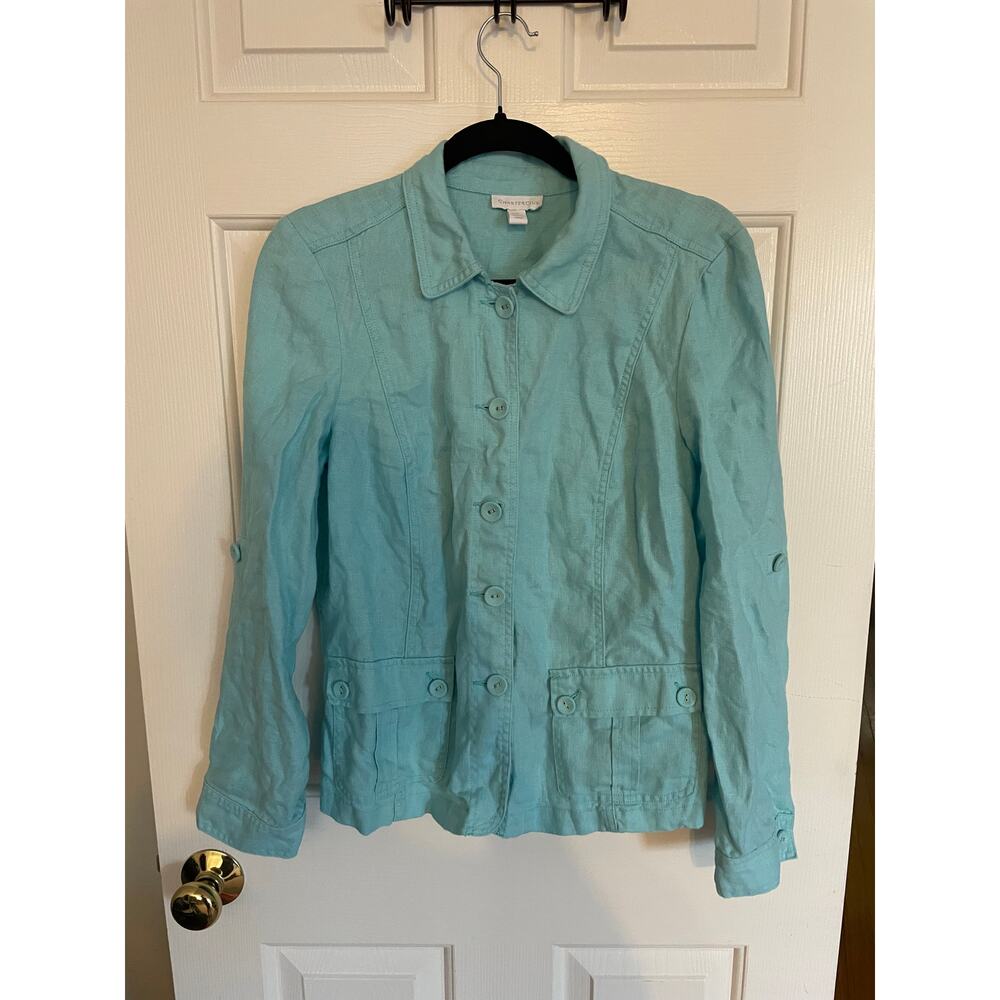 Charter Club Womens Medium Button Up Top All Linen Fabric Covered Buttons Blue